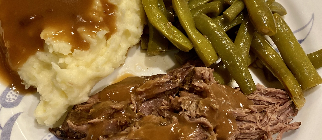 Circle G roast beef with mashed potatoes and green beans